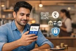 person using Google Pay app on smartphone for digital payment