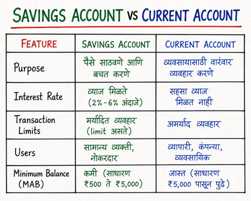 saving vs current account comparison handwritten